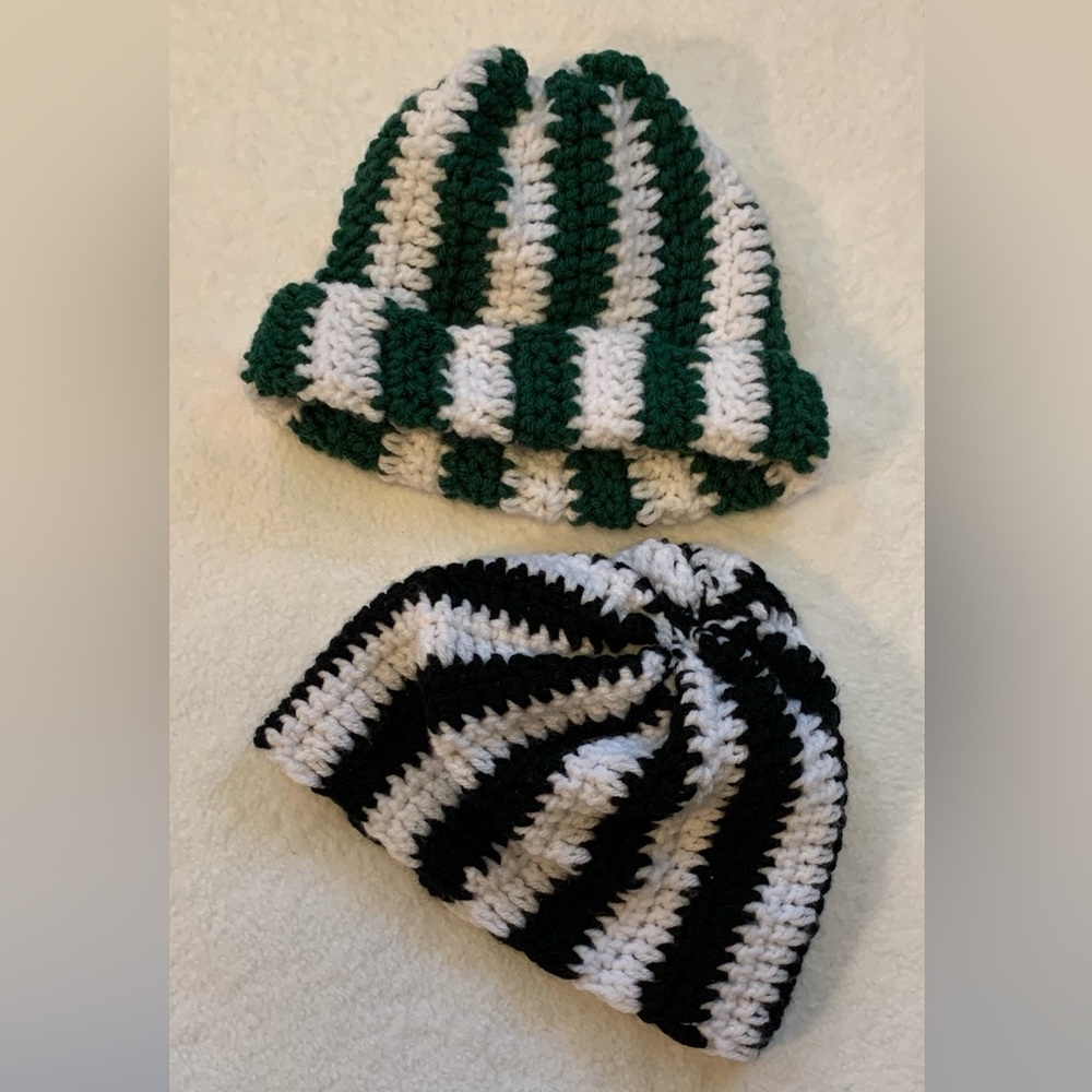 Green & White Black & White Striped Crocheted Cozy Stretchy Hats Set of 2 NWOT